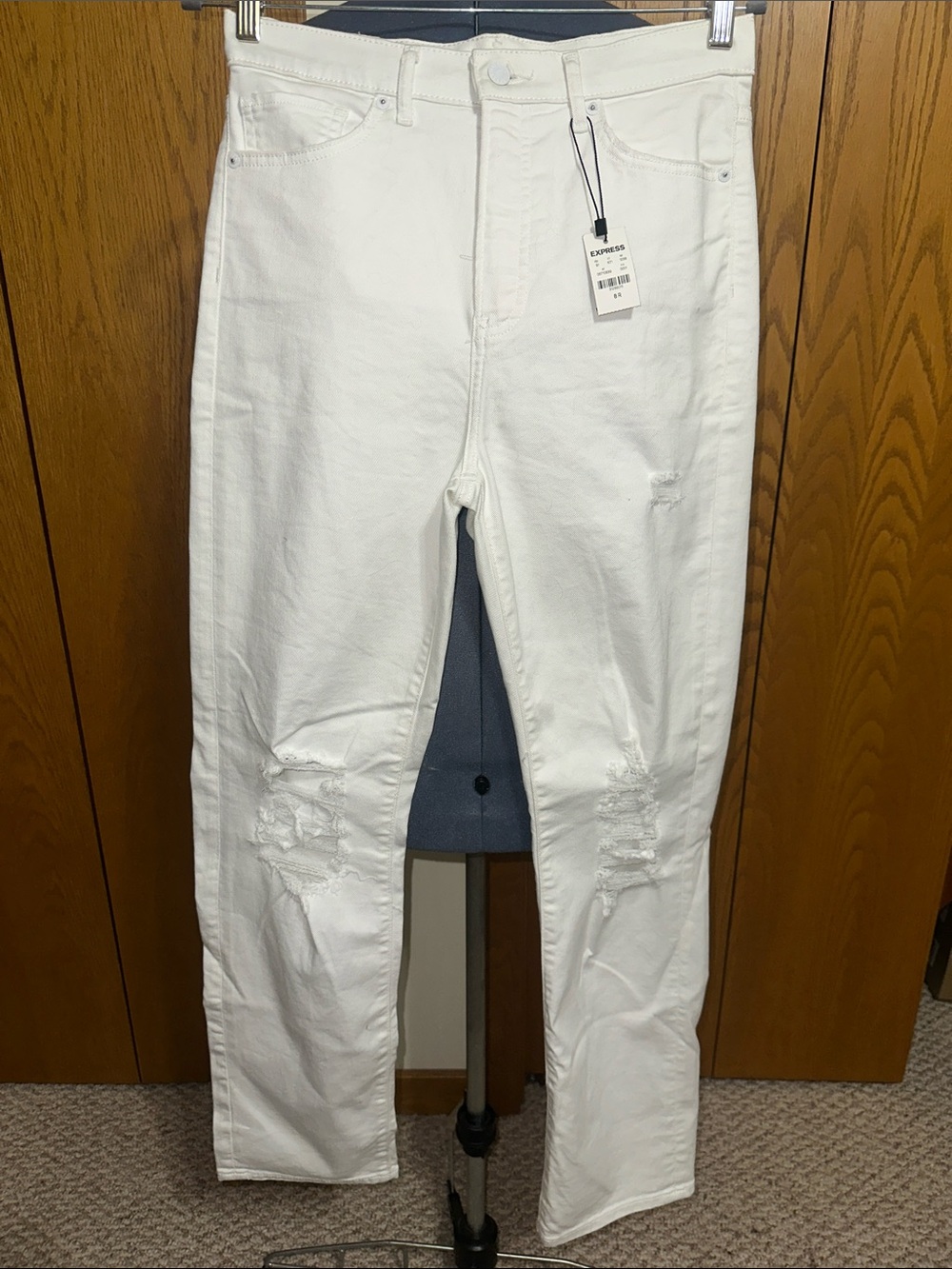 Express White Women's Straight Leg Jeans - Distressed Knee Detail
